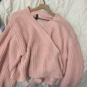 ballerina pink cable knit wrap sweater
